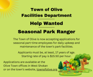 Seasonal Park Rangers Needed. We are currently accepting applications for seasonal part-time employees for daily upkeep and maintenance of the town's park facilities. 